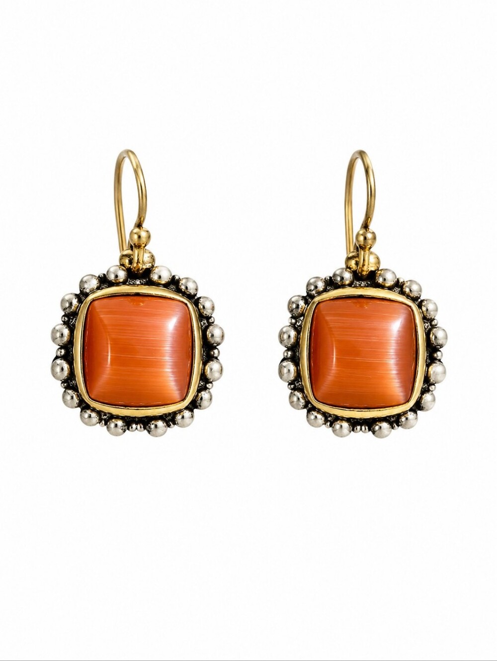 VTG Burnt Orange Square Fiber Optic Silvertone Leverback Earrings